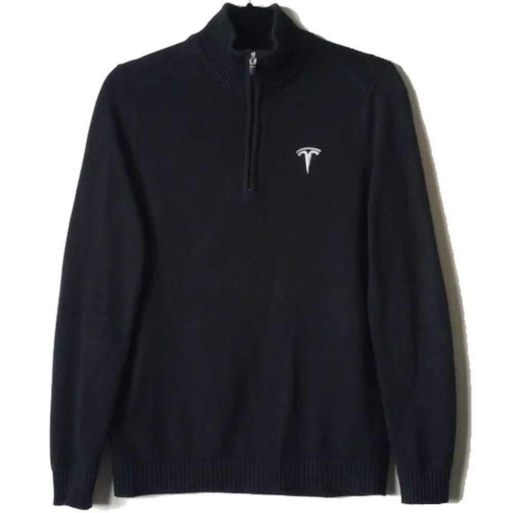 Tesla Half Zip Funnel Neck Sweater XS Black White Embroidered Logo